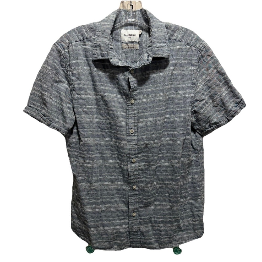 Goodfellow Short Sleeve Button Up Collared‎ Size Medium Linen Blue/White Stripe